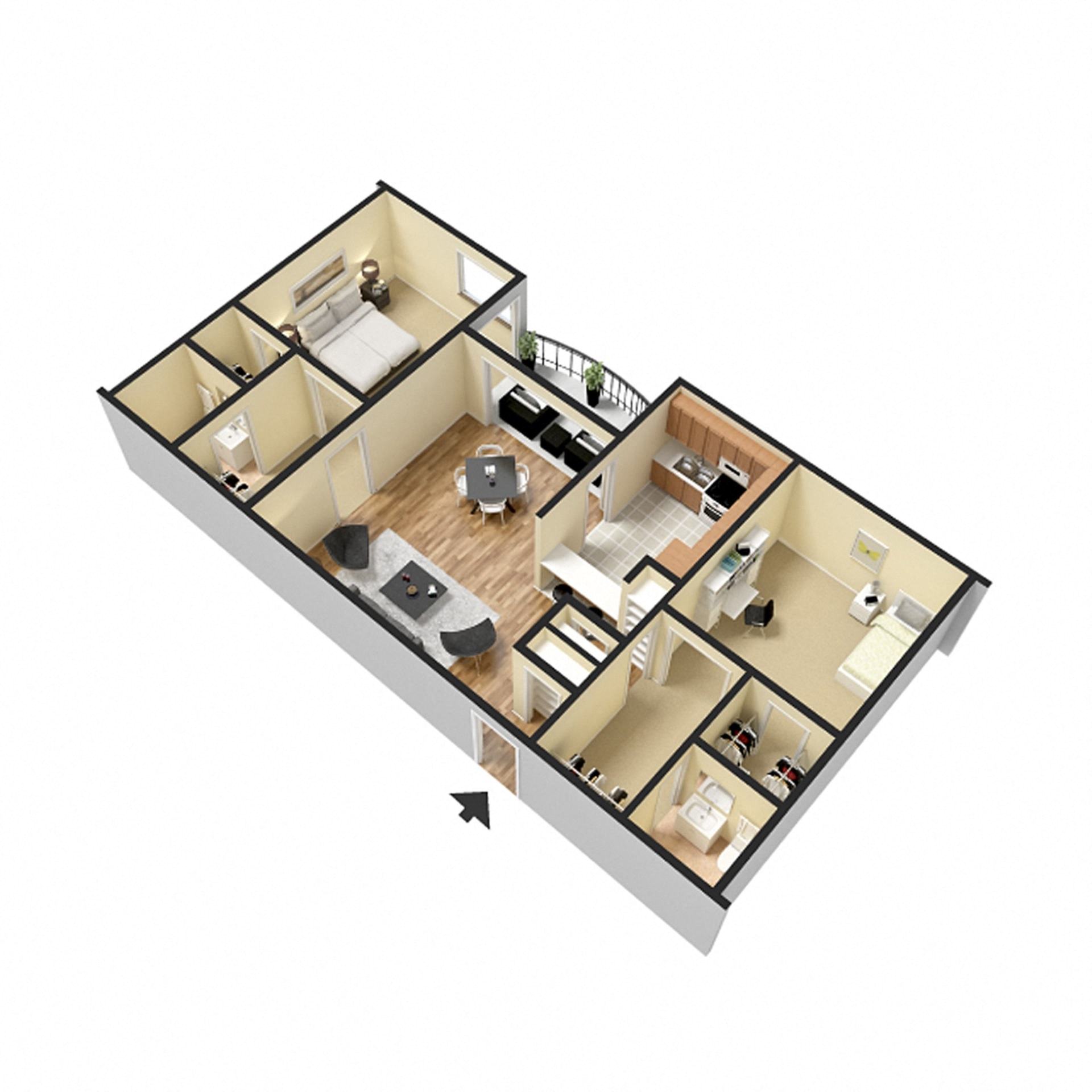 Floor plan for 2 beds, 2 baths, 980 sqft